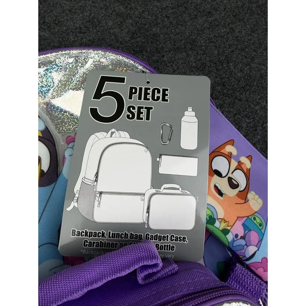 New Bluey & Bingo 5-Piece Backpack Set with Lunch Bag & Water Bottle - Official